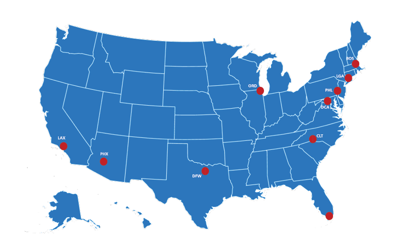 Map of American Airlines flight attendant bases across the United States