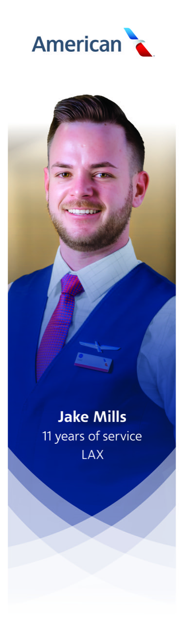 Jake Mills, flight attendant, 11 years of service, based in LAX