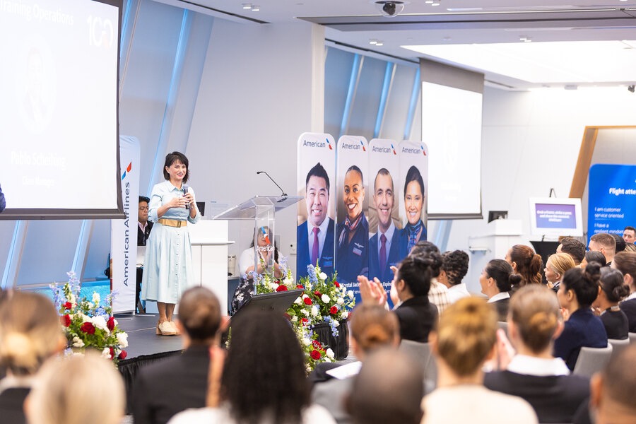 A welcome presentation to a room of new flight attendants